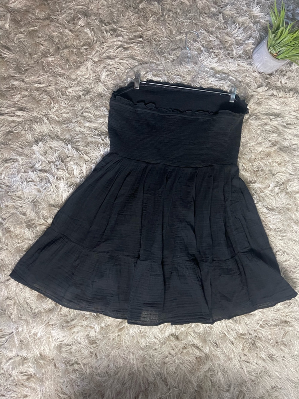 Anthropologie Black Smocked Strapless Tiered Gauzy Cotton Summery Mini Dress